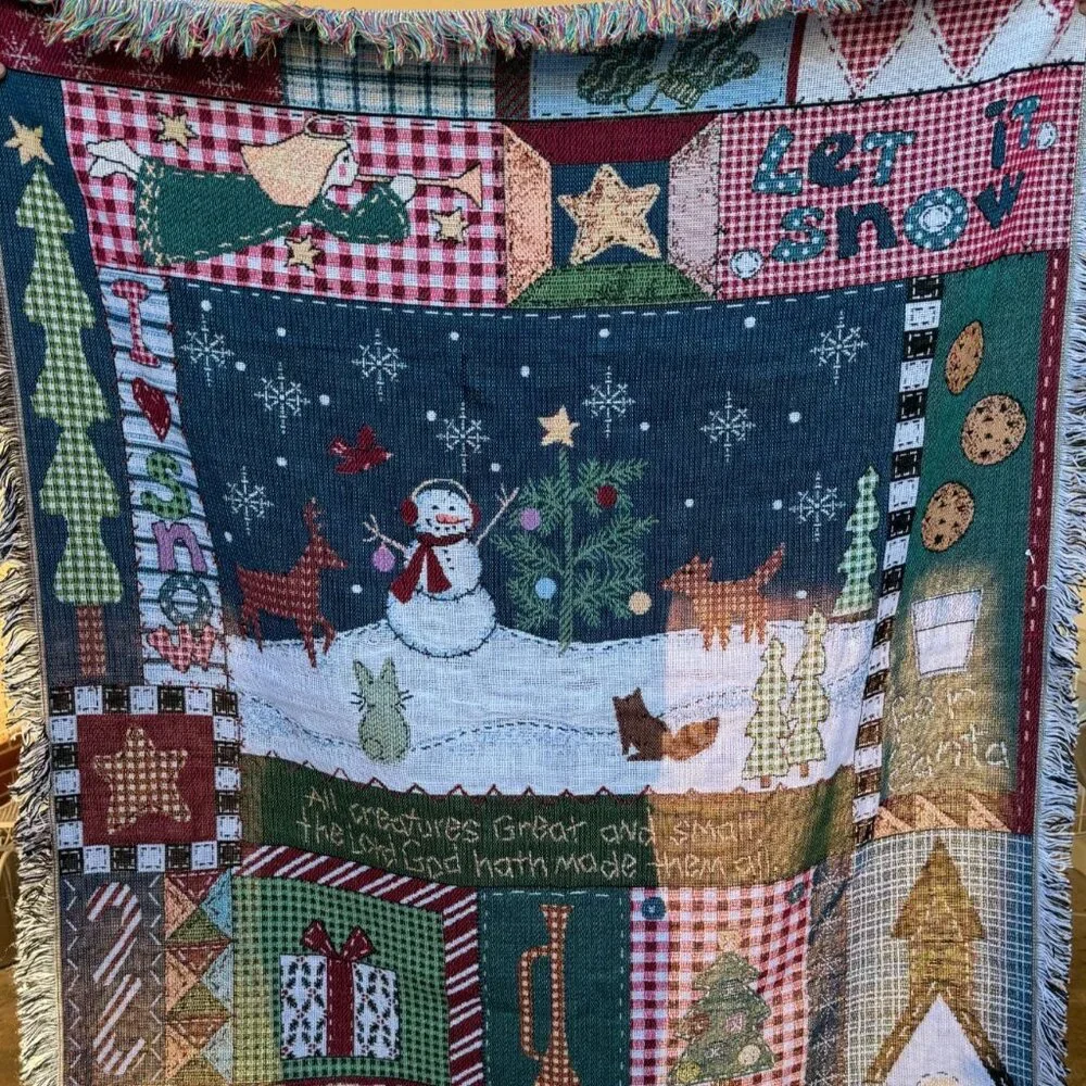 Christmas Tapestry Throw Blanket Snowman Forest Animals Farmhouse Lodge 50x48